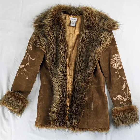 ✌️Penny Lane Brown Faux Fur Trimmed Women's Suede Leather Jacket 🎸 - Picture 5 of 15